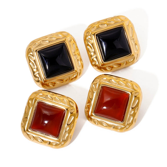 Women's Stainless Steel Square Geometric Pattern Electroplated Red Agate Earrings