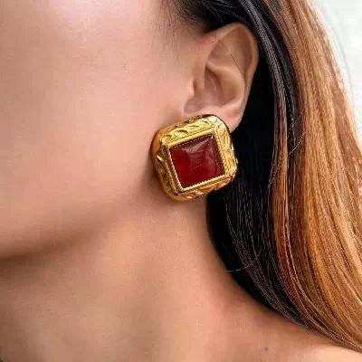 Women's Stainless Steel Square Geometric Pattern Electroplated Red Agate Earrings
