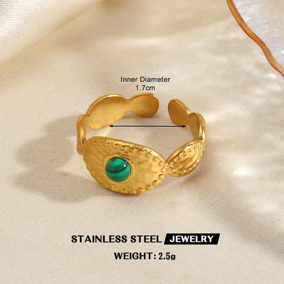 Women's Stainless Steel Stackable Rings With Natural Stone Inlay Geometric Line Design And Gold Tone Electroplated Finish