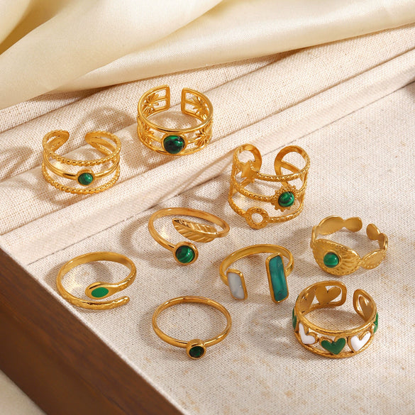Women's Stainless Steel Stackable Rings With Natural Stone Inlay Geometric Line Design And Gold Tone Electroplated Finish