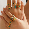 Women's Stainless Steel Stackable Rings With Natural Stone Inlay Geometric Line Design And Gold Tone Electroplated Finish