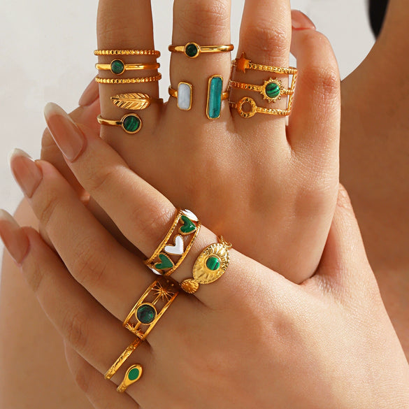 Women's Stainless Steel Stackable Rings With Natural Stone Inlay Geometric Line Design And Gold Tone Electroplated Finish