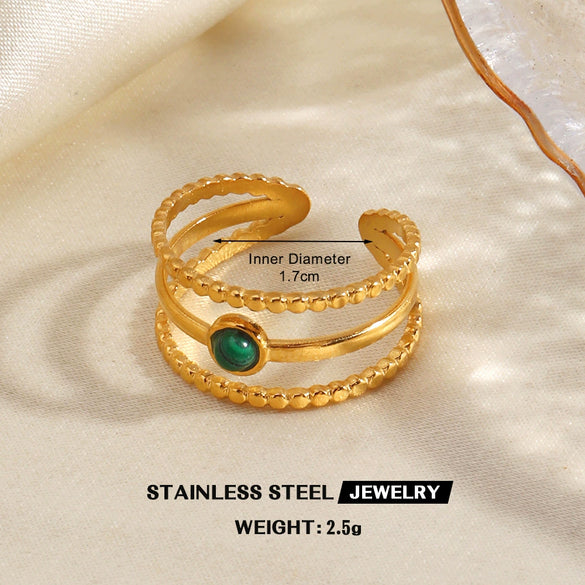 Women's Stainless Steel Stackable Rings With Natural Stone Inlay Geometric Line Design And Gold Tone Electroplated Finish