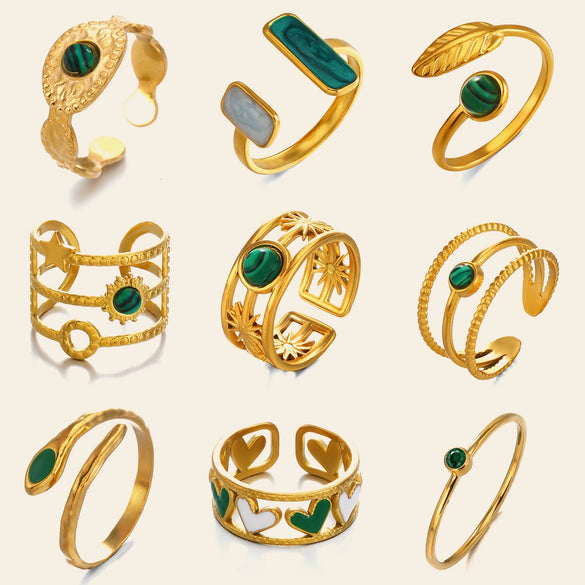 Women's Stainless Steel Stackable Rings With Natural Stone Inlay Geometric Line Design And Gold Tone Electroplated Finish