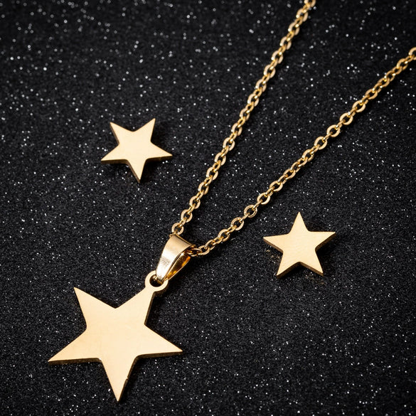 Women's Stainless Steel Star Pendant Earrings And Necklace Set With Celestial Sun Moon And Cloud Design Electroplated Jewelry