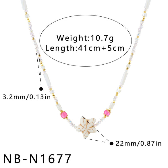 Women’s Stainless Steel Starfish Pattern Beaded Necklace With White Shell Inlay And 18K Vacuum Plated Geometric Pendant