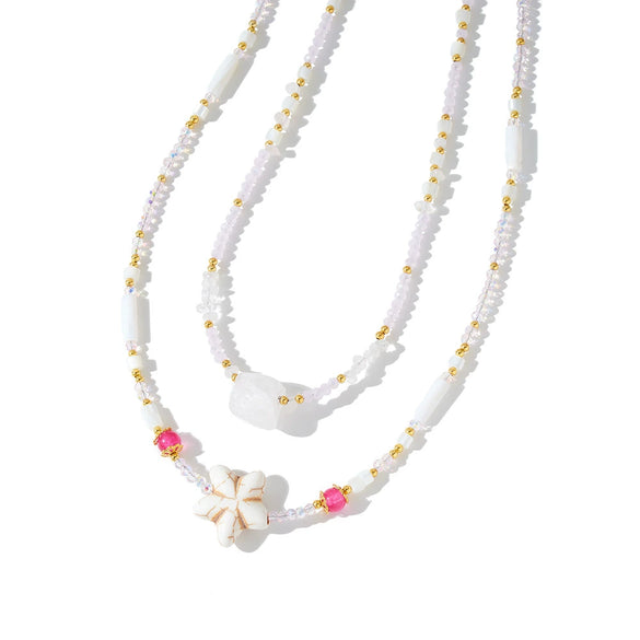 Women’s Stainless Steel Starfish Pattern Beaded Necklace With White Shell Inlay And 18K Vacuum Plated Geometric Pendant