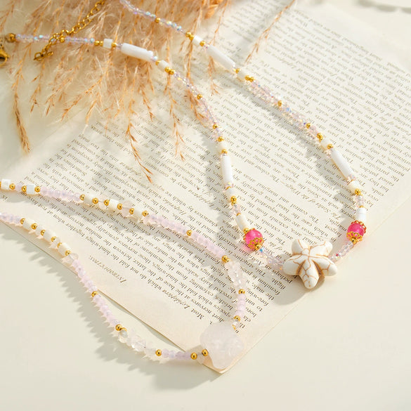 Women’s Stainless Steel Starfish Pattern Beaded Necklace With White Shell Inlay And 18K Vacuum Plated Geometric Pendant