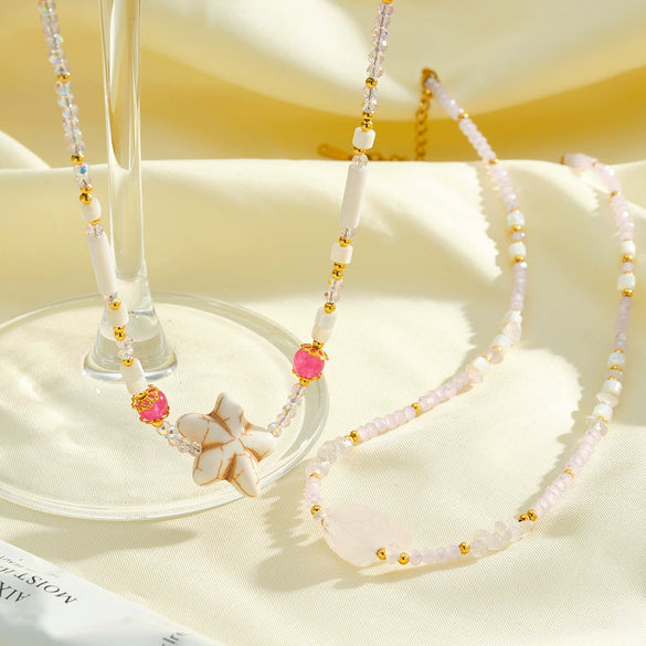 Women’s Stainless Steel Starfish Pattern Beaded Necklace With White Shell Inlay And 18K Vacuum Plated Geometric Pendant