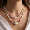 Women’s Stainless Steel Starfish Pattern Beaded Necklace With White Shell Inlay And 18K Vacuum Plated Geometric Pendant