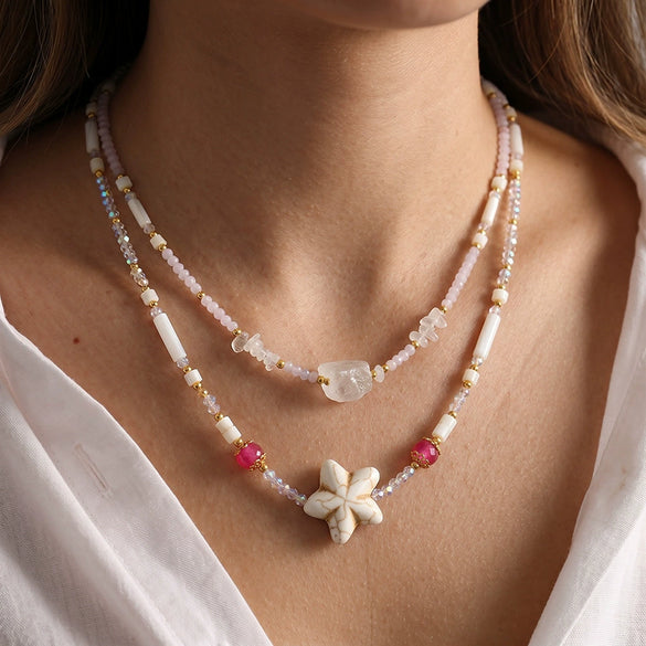 Women’s Stainless Steel Starfish Pattern Beaded Necklace With White Shell Inlay And 18K Vacuum Plated Geometric Pendant