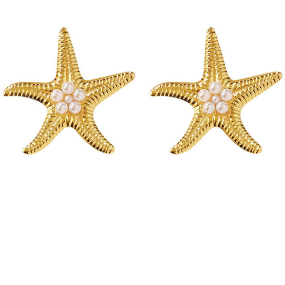 Women's Stainless Steel Starfish Pearl Stud Earrings With Resin Inlay Vacation Style Ocean Inspired Geometric Earrings