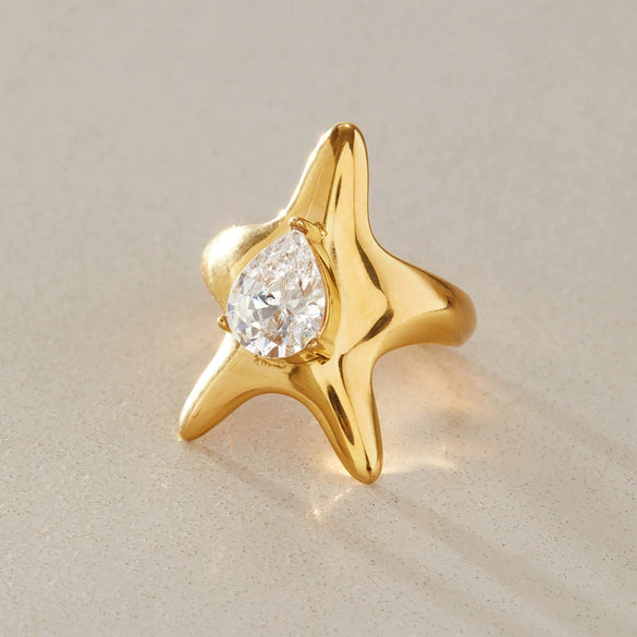 Women's Stainless Steel Starfish Ring With Zirconia Detail And Pvd Vacuum Gold Plating Geometric Ocean Inspired Jewelry