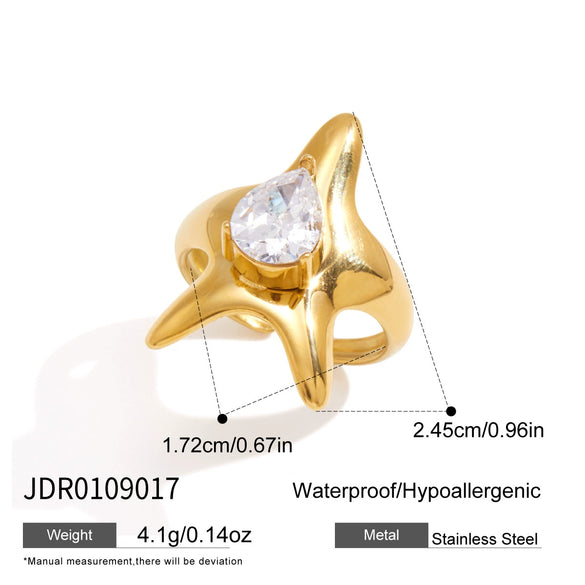 Women's Stainless Steel Starfish Ring With Zirconia Detail And Pvd Vacuum Gold Plating Geometric Ocean Inspired Jewelry