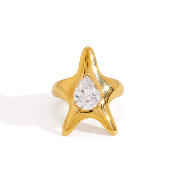 Women's Stainless Steel Starfish Ring With Zirconia Detail And Pvd Vacuum Gold Plating Geometric Ocean Inspired Jewelry
