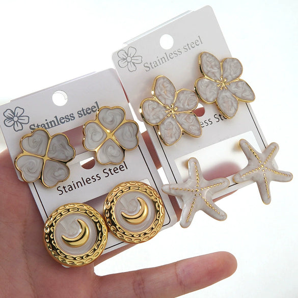 Women's Stainless Steel Stud Earrings With Electroplated Flower Starfish And Heart Shaped Design Light Luxury Jewelry