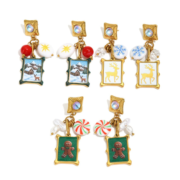 Women's Stainless Steel Stud Earrings With Reindeer And Snowflake Geometric Square Design Pvd Vacuum Gold Plated