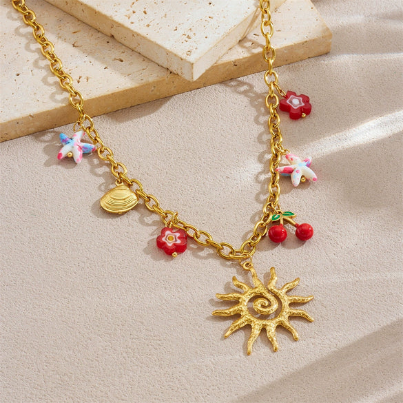 Women's Stainless Steel Summer Fruit And Flower Patterned Goldplated Oshaped Chain Clavicle Necklace