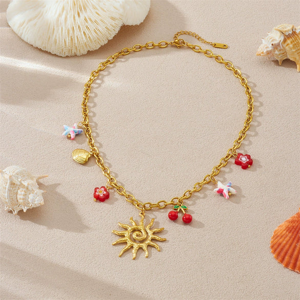 Women's Stainless Steel Summer Fruit And Flower Patterned Goldplated Oshaped Chain Clavicle Necklace