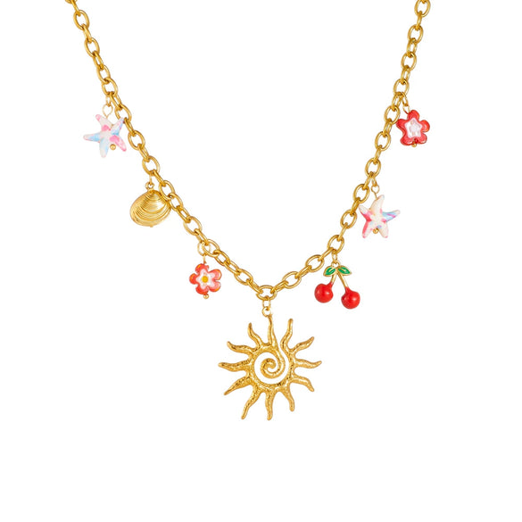 Women's Stainless Steel Summer Fruit And Flower Patterned Goldplated Oshaped Chain Clavicle Necklace