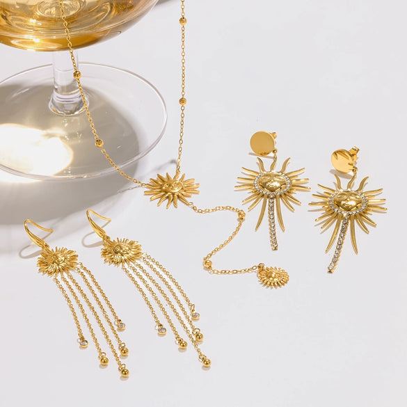 Women's Stainless Steel Sunflower Earrings And Necklace Jewelry Set With Pvd Vacuum Gold Plating And Zircon Inlay Geometric Personality Style