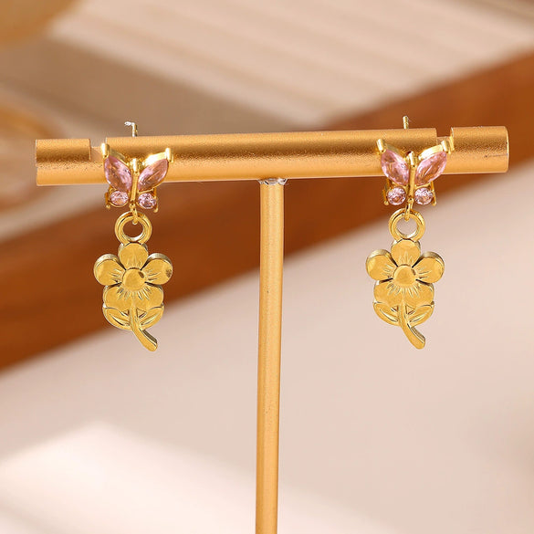 Women's Stainless Steel Sunflower Earrings With Pink Zircon Heartshaped Floral Design And Elegant Plated Finish