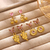 Women's Stainless Steel Sunflower Earrings With Pink Zircon Heartshaped Floral Design And Elegant Plated Finish