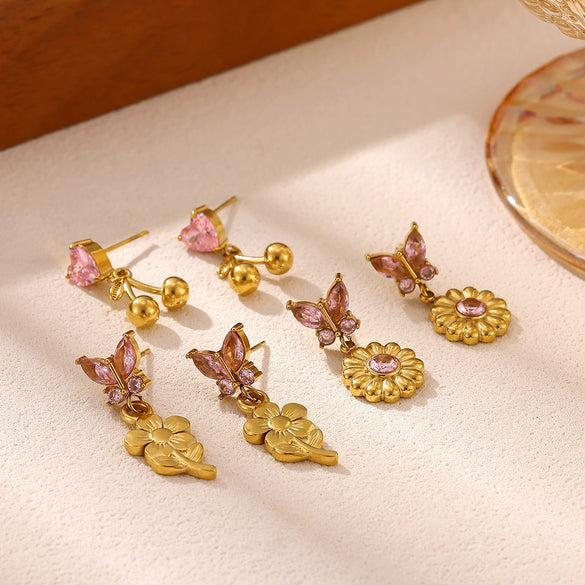 Women's Stainless Steel Sunflower Earrings With Pink Zircon Heartshaped Floral Design And Elegant Plated Finish