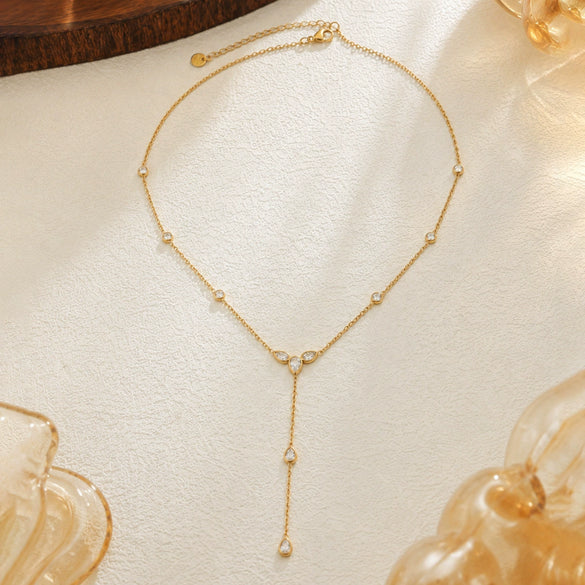 Women's Stainless Steel Teardrop Geometric Zircon Tassel Pendant Necklace With Gold Plated Y Shaped Chain