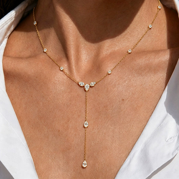 Women's Stainless Steel Teardrop Geometric Zircon Tassel Pendant Necklace With Gold Plated Y Shaped Chain