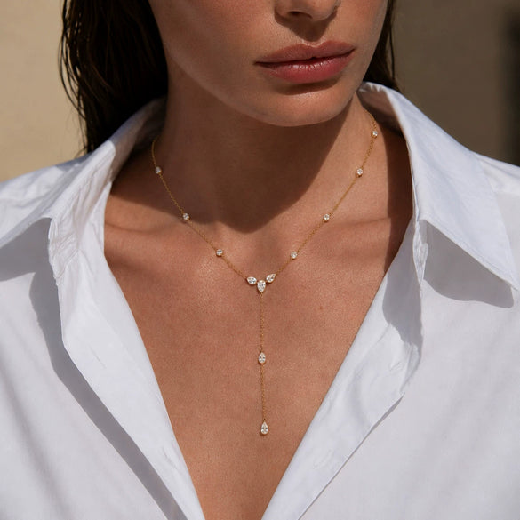 Women's Stainless Steel Teardrop Geometric Zircon Tassel Pendant Necklace With Gold Plated Y Shaped Chain