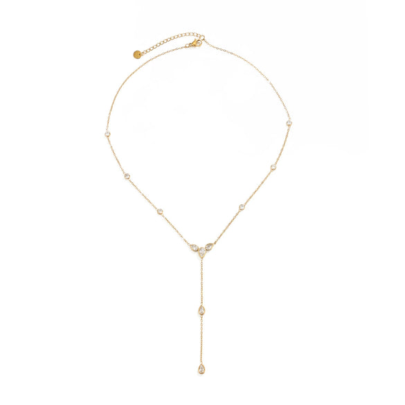 Women's Stainless Steel Teardrop Geometric Zircon Tassel Pendant Necklace With Gold Plated Y Shaped Chain