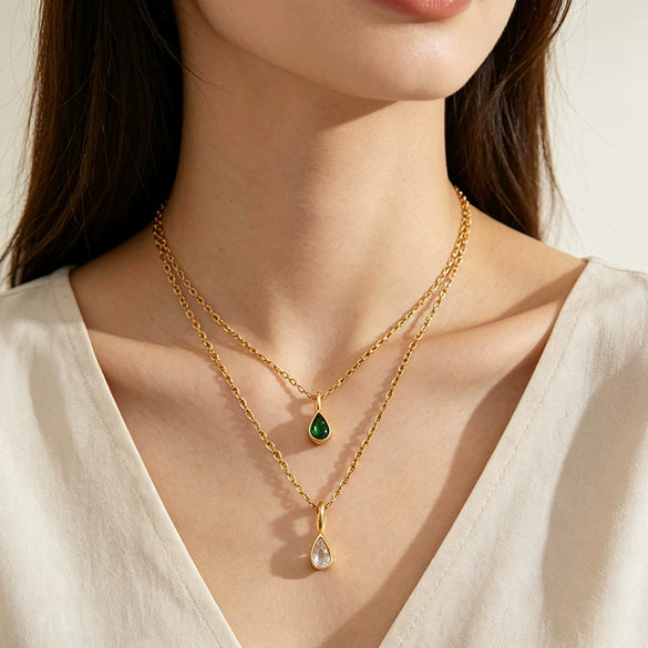 Women's Stainless Steel Teardrop Pendant Necklace With Zircon Emerald And White Diamond Accents Geometric Electroplated Olink Chain