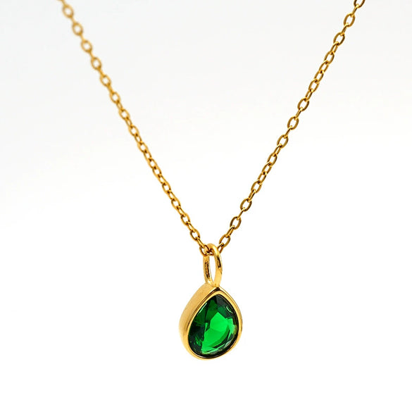 Women's Stainless Steel Teardrop Pendant Necklace With Zircon Emerald And White Diamond Accents Geometric Electroplated Olink Chain