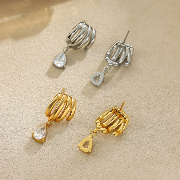 Women's Stainless Steel Teardrop Zircon Stud Earrings With Geometric Clawshaped Design And Goldtone Electroplated Finish