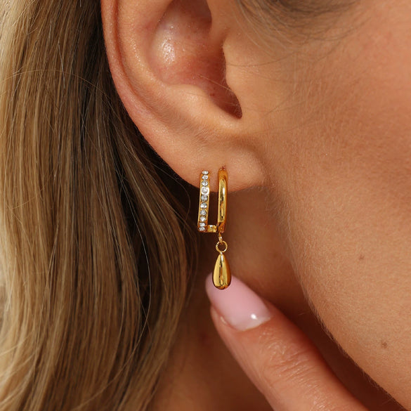 Women's Stainless Steel Teardrop Zircon Stud Earrings With Geometric Clawshaped Design And Goldtone Electroplated Finish