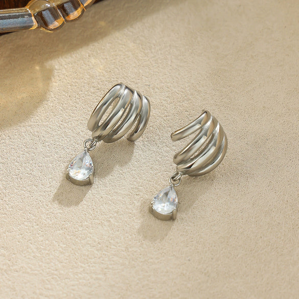 Women's Stainless Steel Teardrop Zircon Stud Earrings With Geometric Clawshaped Design And Goldtone Electroplated Finish