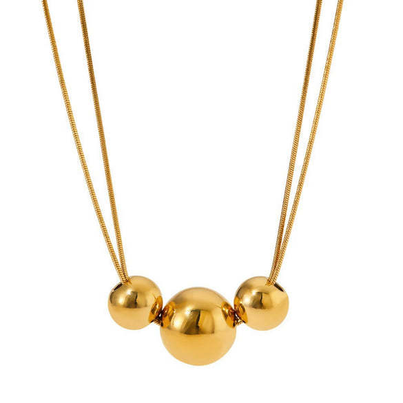 Women's Stainless Steel Three Metal Ball Double Break Chain Necklace Light Luxury Fashionable Simple Style With Electroplating