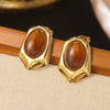 Women's Stainless Steel Tiger Eye Stone Earrings Vintage Geometric Irregular Oval Polished Earrings