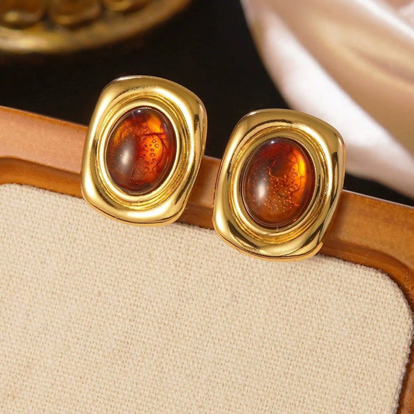 Women's Stainless Steel Tiger Eye Stone Earrings Vintage Geometric Irregular Oval Polished Earrings