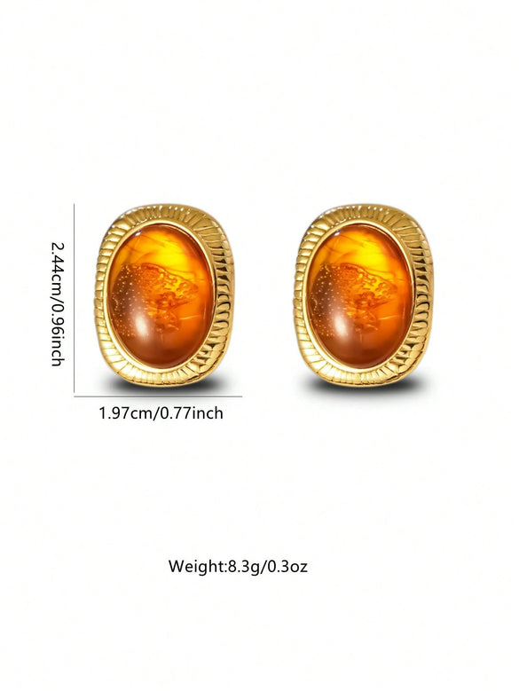 Women's Stainless Steel Tiger Eye Stone Earrings Vintage Geometric Irregular Oval Polished Earrings