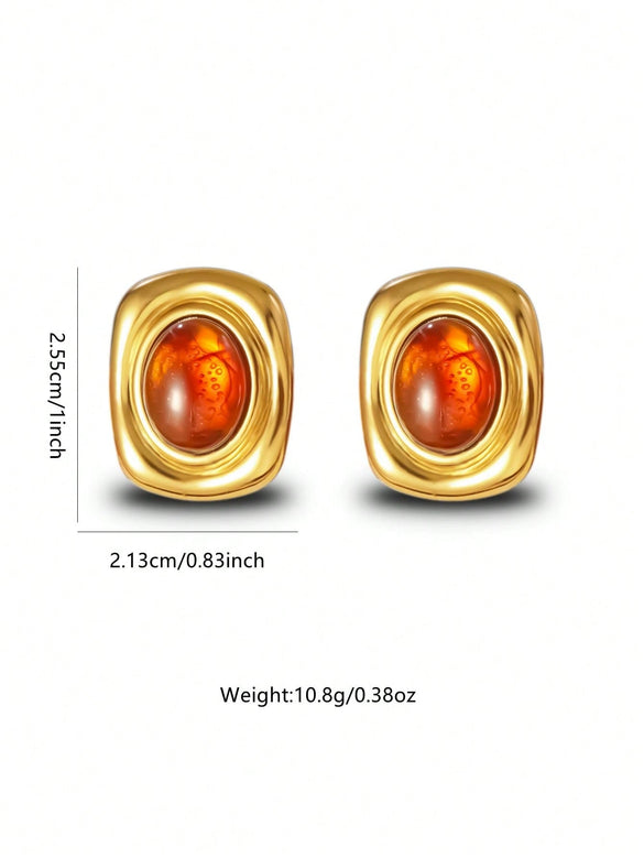 Women's Stainless Steel Tiger Eye Stone Earrings Vintage Geometric Irregular Oval Polished Earrings