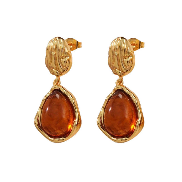 Women's Stainless Steel Tiger Eye Stone Earrings Vintage Geometric Irregular Oval Polished Earrings