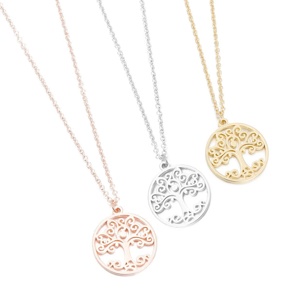 Women's Stainless Steel Tree Of Life Pendant Necklace With Geometric Hollow Round Design And Electroplated Ochain