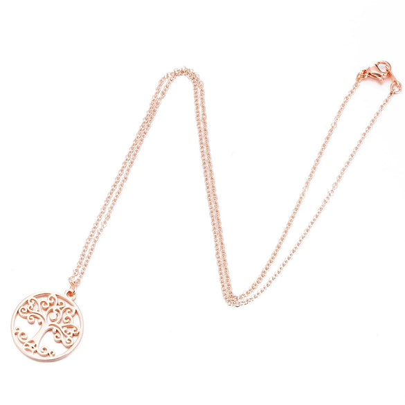 Women's Stainless Steel Tree Of Life Pendant Necklace With Geometric Hollow Round Design And Electroplated Ochain