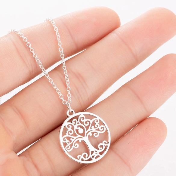 Women's Stainless Steel Tree Of Life Pendant Necklace With Geometric Hollow Round Design And Electroplated Ochain