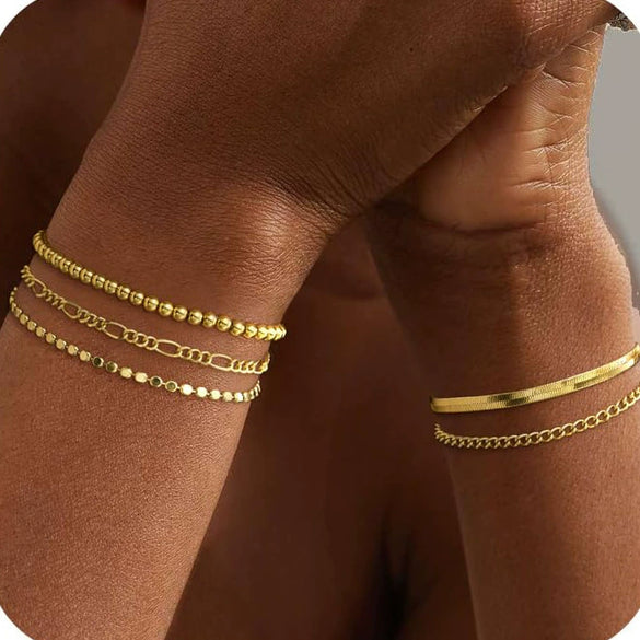 Women's Stainless Steel Twisted Snake Chain Bracelet Set With Geometric Rhombus Beads Electroplated Stacked Jewelry