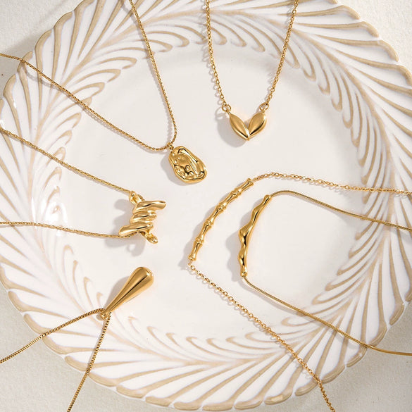 Women's Stainless Steel Vacuum Gold Plated Heart Water Drop Bamboo Geometric Pendant Necklace With Regular Chain
