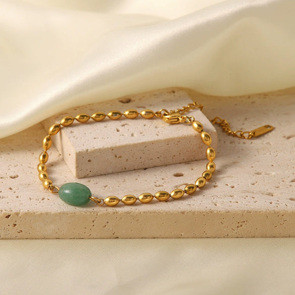 Women's Stainless Steel Vintage Braceletnecklace With Green Natural Stone And Geometric Pattern