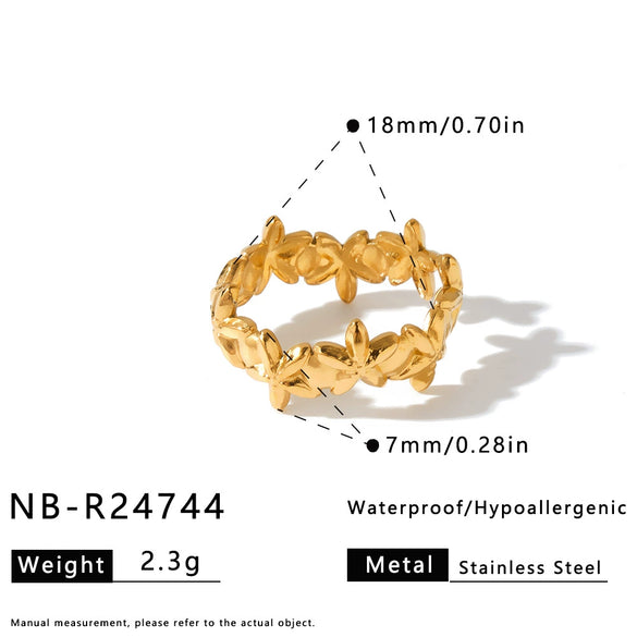 Women's Stainless Steel Vintage Flower Ring With Adjustable Open Band Simple Stylish Vacuum Plated Statement Jewelry